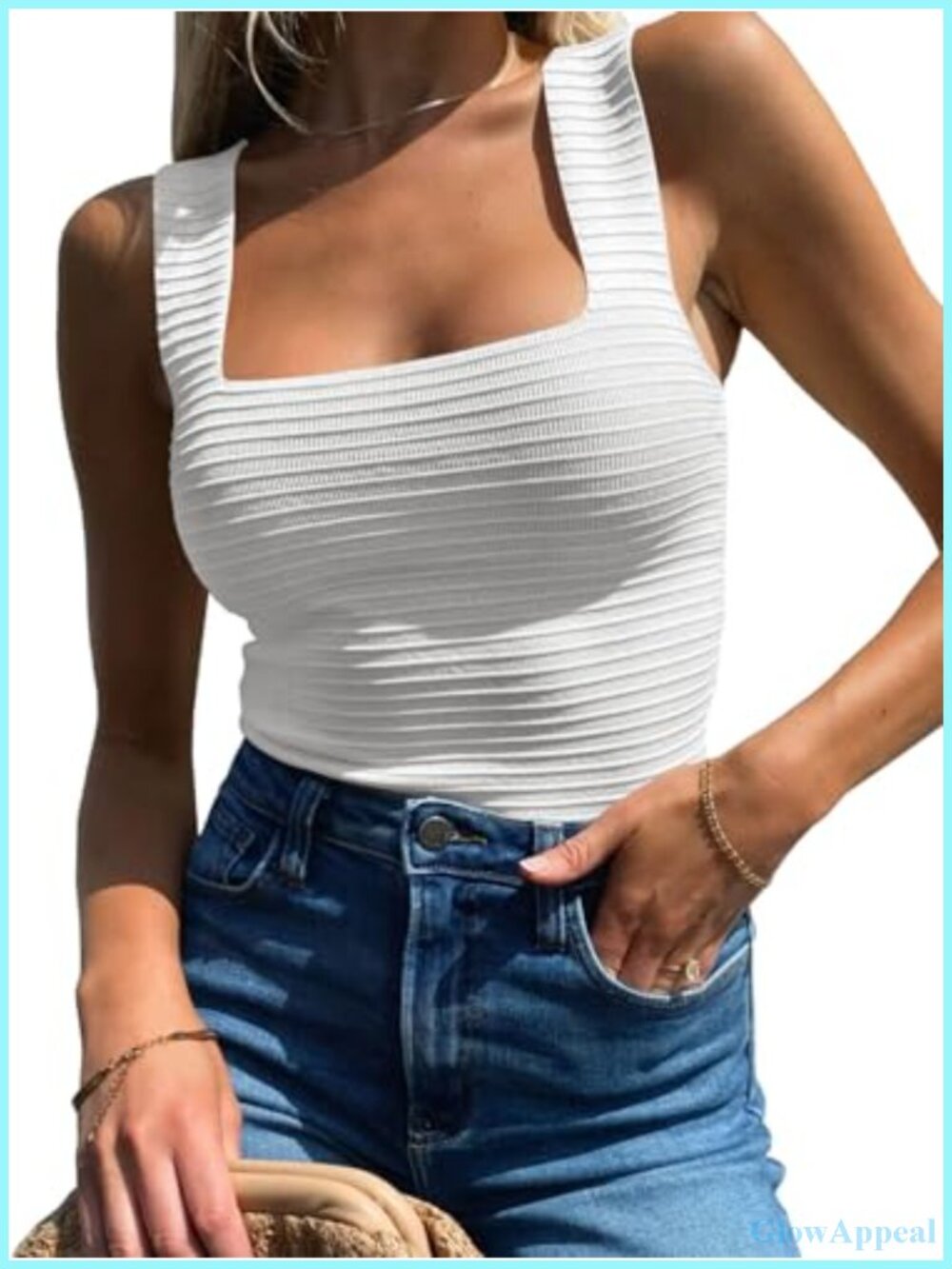 Ribbed Knit Square Neck Fitted Sleeveless Tank Top Summer Casual